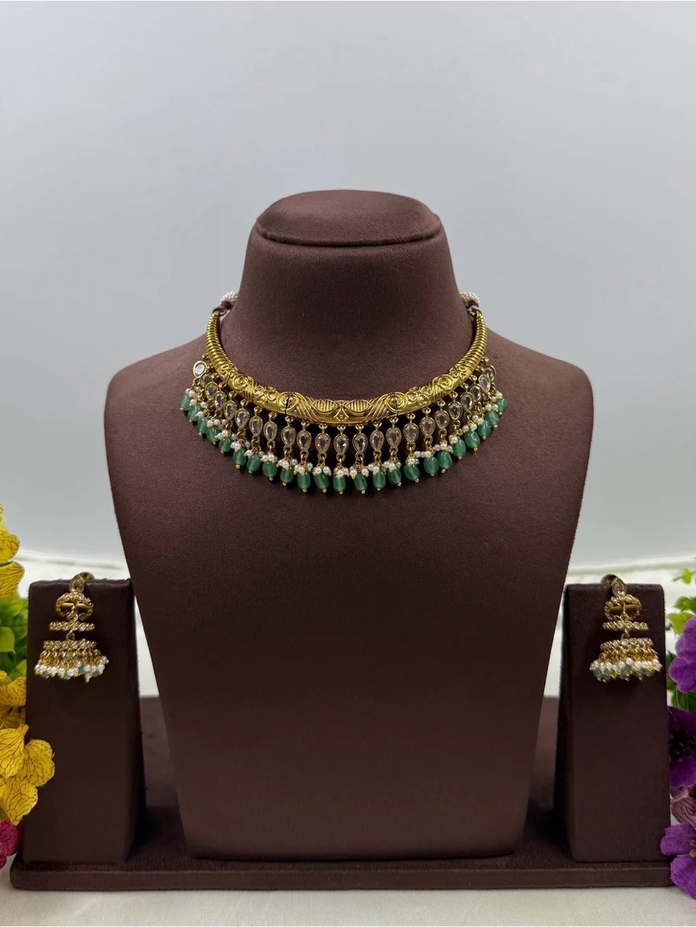 Gold and Green Statement Choker Necklace with Matching Earrings